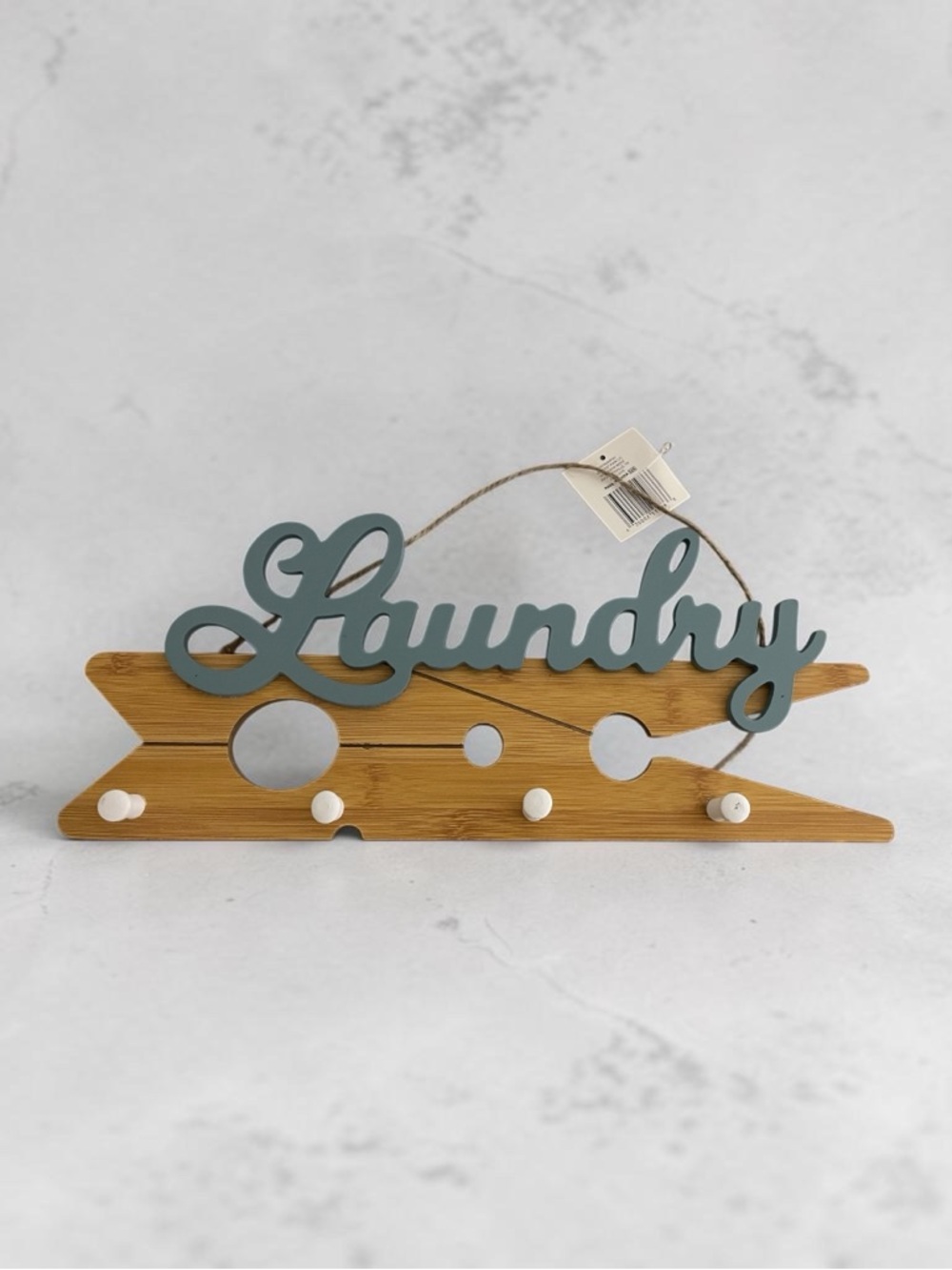 Laundry Wall Hook Sign on a clothes pin in Blue and Natural Wood - NWT
